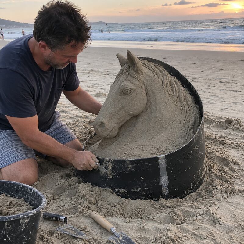 Sand sculptor using an HDPE plastic form ring to carve a horse head sand sculpture on the beach
