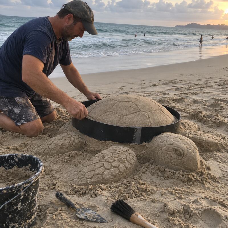 Sand sculptor using an HDPE plastic form ring to carve a sea turtle sand sculpture on the beach
